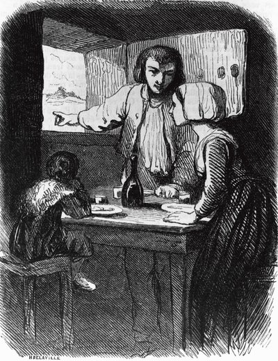 La Mare au Diable の挿絵、George Sand (1804-1876) の小説、Tony Johannot (1803-1852) による描画後、Henri Delaville (19 世紀半ばに活躍) による彫刻 作： Tony Johannot