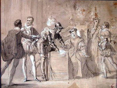 アレクサンドル・デュマ（1802-70）の「アンリ2世」のプロジェクト（紙にペンとウォッシュ） 作： Tony Johannot