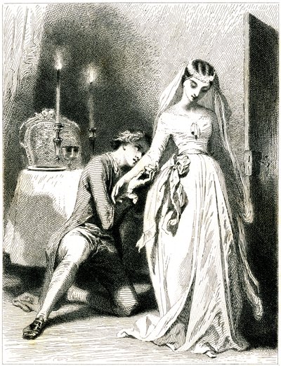 キャンドルの灯る室内、美しい婚約者の足元に膝をつきため息をつく恋人 - ロマンチックなドレスとヘアスタイルの少女 - エングレーヴィング（1845年）：トニー・ヨハノ（アントワーヌ・ヨハノ作 作： Tony Johannot