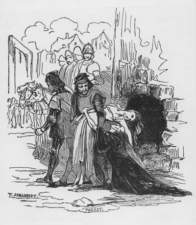 ヴィクトルユーゴー（1802-85）による「ノートルダムのせむし」へのイラスト、女性囚人を引きずる兵士（木版画） 作： Tony Johannot