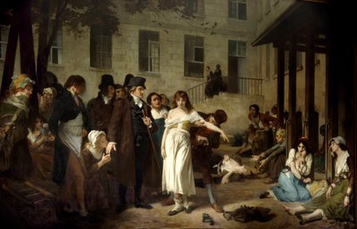 1795年、パリのサルペリエール病院で異邦人の鎖を解く医師フィリップ・ピネル（1745-1826）、トニー・ロベール・フルーリー（1837-1912）による絵画 19世紀 パリ、サルペリエール病院 作： Tony Robert Fleury