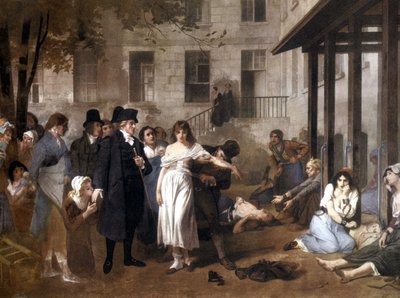 フィリップ・ピネル医師（1745-1826） 鎖につながれた精神異常者を解放する by トニー・ノルベルト・フルーリー 作： Tony Robert Fleury