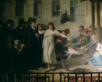 フィリップピネル（1745-1826）は、1795年、1886年にパリのサルペトリエールアサイラムで鎖から狂人を解放しました（詳細は164470も参照） 作： Tony Robert Fleury