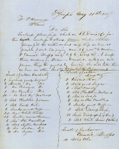 Tootle & Jackson, Council Bluffs, W.P. Howard, St.Louis, 1857年5月21日付の署名入り書簡。 作： Tootle and Jackson