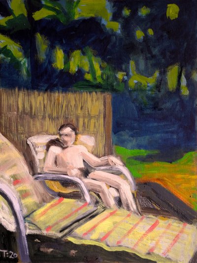 屋外でくつろぐ男性 作： Tore Bahnson