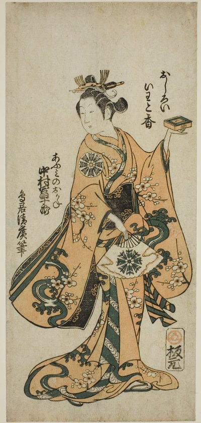 1754年7月、中村座で上演された舞台「権現阿国歌舞伎」で、俳優中村富十郎初代 作： Torii Kiyohiro