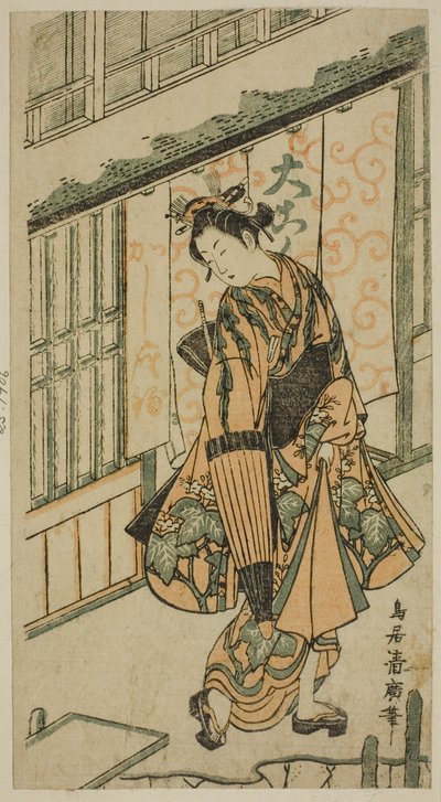 傘をさす若い女性 作： Torii Kiyohiro