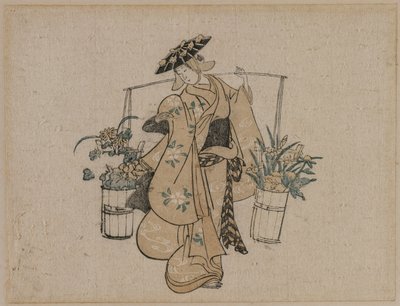 花の2つのバケツを運ぶ美しさc。 1696-1716。 作： Torii Kiyomasu
