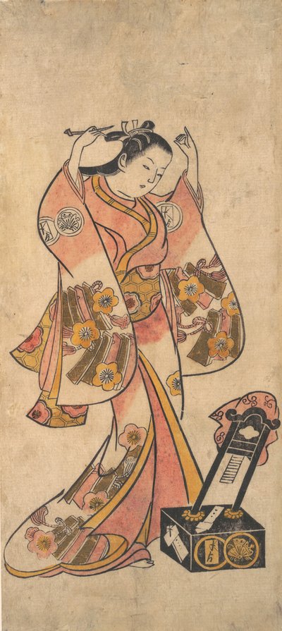漆の鏡の前で髪を整える女の三条貫太郎（1763年以前 作： Torii Kiyomasu II.
