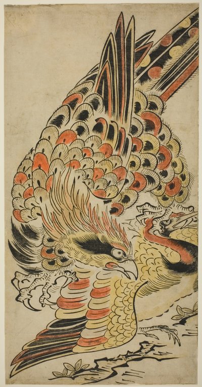 飛行中のツルを捕まえるタカ 作： Torii Kiyomasu I