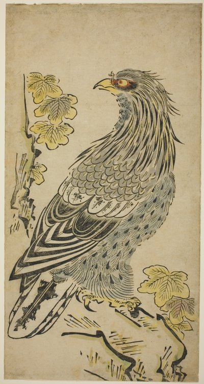 キリの木の近くの崖の上のタカ 作： Torii Kiyomasu I