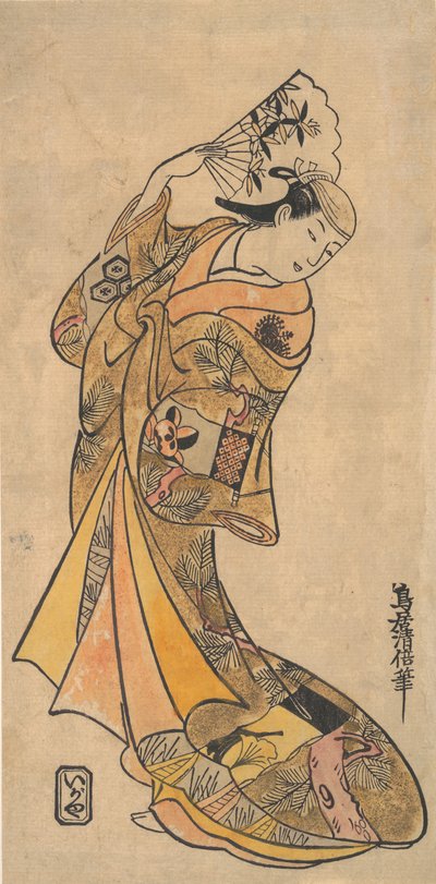 扇子を持つ女性を演じた二代目中村七三郎（1703-1774）。 作： Torii Kiyomasu I