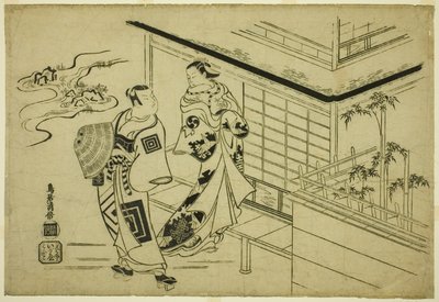The Actors Nakamura Takesaburo I as Kewaizaka no Shosho and Ichikawa Danjuro II as Soga no Goro in the play "Bando Ichi Kotobuki Soga," performed at the Nakamura Theater in the first month, 1715 作： Torii Kiyomasu I