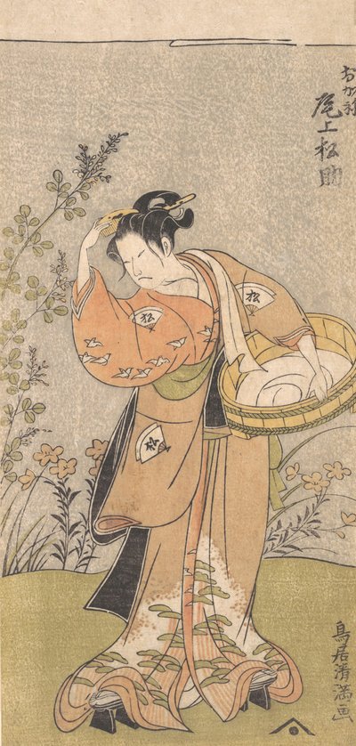 役者の小野屋松介、おかねの女袈裟を着て髪の櫛を整える、17..., 1735-1785. 作： Torii Kiyomitsu