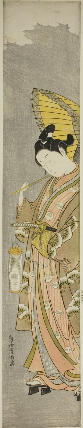 傘と提灯を持つ若者 作： 鳥居清光初代