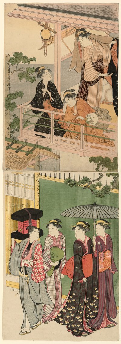 バルコニーの下を通り過ぎるうちわの行商人 作： Torii Kiyonaga