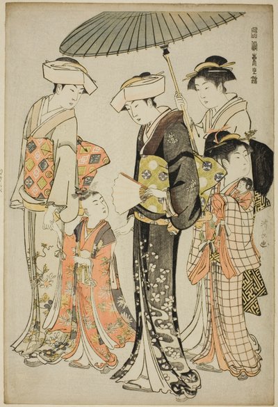 「風俗東錦」より 少女と四人の召使い 作： Torii Kiyonaga