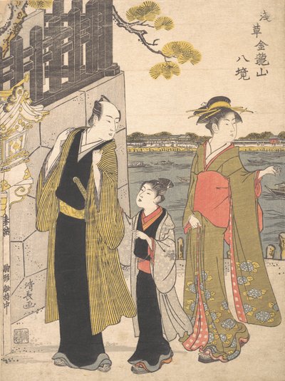 金龍山寺を訪れる男と芸者 1787年。 作： Torii Kiyonaga