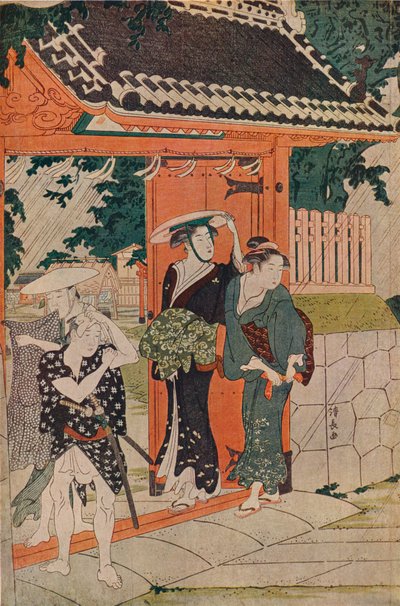 みめぐり稲荷神社、1787年の突然のシャワー 作： Torii Kiyonaga