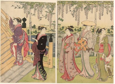 亀戸神社で藤を鑑賞 作： Torii Kiyonaga