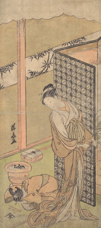 夜装の花魁がベッドを囲むスクリーンに片手を添えてポーズをとっている..., ca. 1770年。 作： Torii Kiyonaga