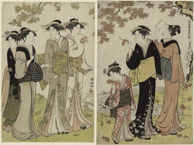 もみじの木の下の美女、シリーズ「プレジャー クォーターの現代の美女のコレクション」より 作： Torii Kiyonaga