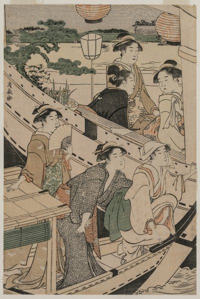 1789年、隅田川でのボート遊び。 作： Torii Kiyonaga