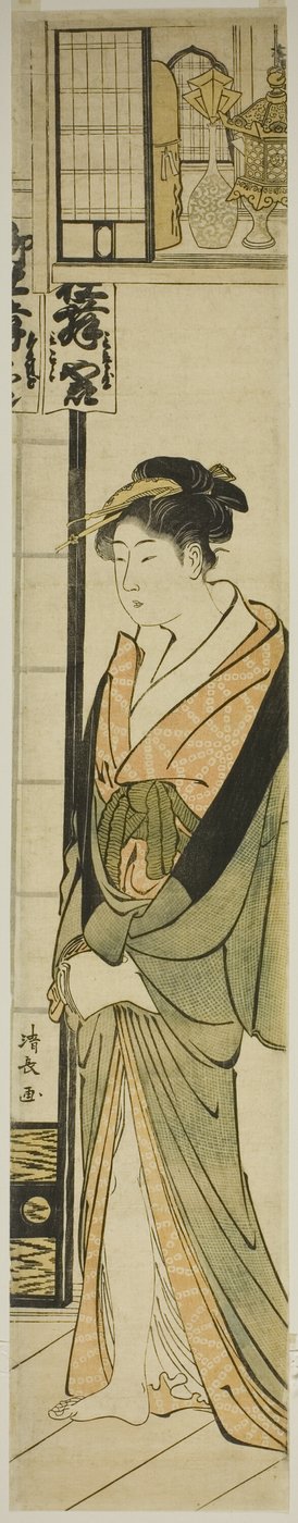 お守りの棚の下に立つ花魁 作： Torii Kiyonaga