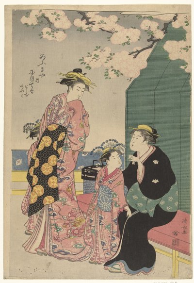 桜の下に花魁二人 作： Torii Kiyonaga