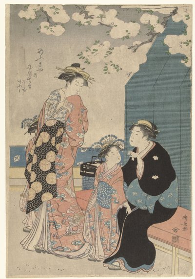 桜の下に花魁二人 作： Torii Kiyonaga