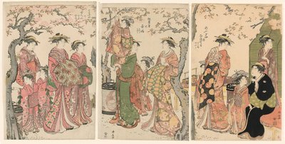 満開の桜の下の花魁と子連れ 作： Torii Kiyonaga