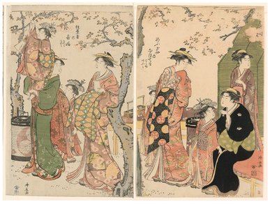 満開の桜の下の花魁と子連れ 作： Torii Kiyonaga