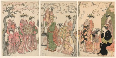 満開の桜の下の花魁と子連れ 作： Torii Kiyonaga