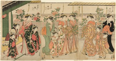 中之町で牡丹を鑑賞する吉原の遊女とその従者たち 作： Torii Kiyonaga