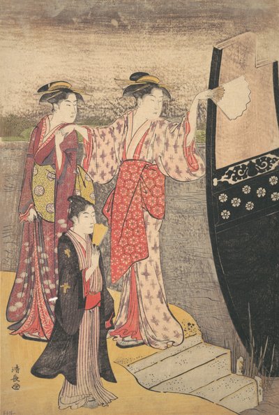隅田川の遊覧船から下船。 作： Torii Kiyonaga