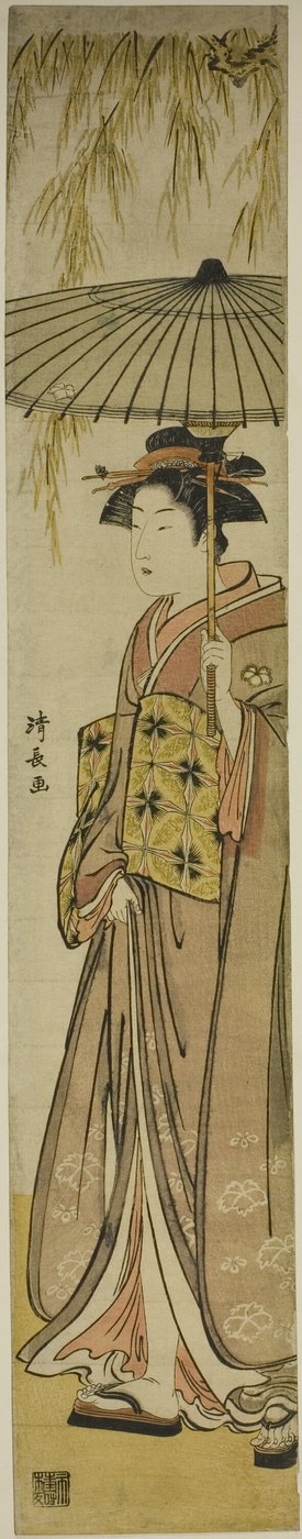 柳の木の下で日傘をさす芸者 作： Torii Kiyonaga