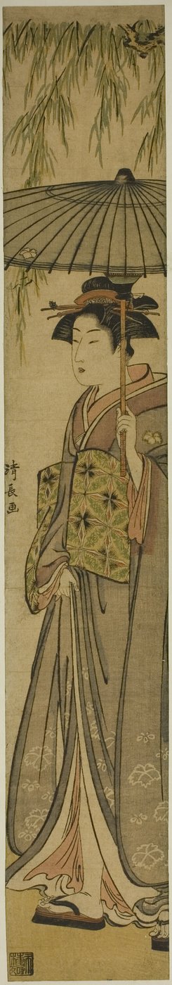柳の木の下で日傘をさす芸者 作： Torii Kiyonaga