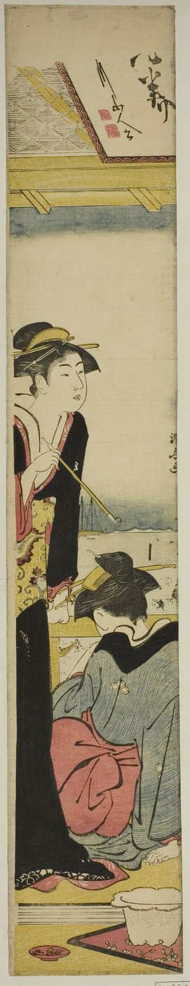 湾を見下ろすバルコニーの芸者とメイド 作： Torii Kiyonaga