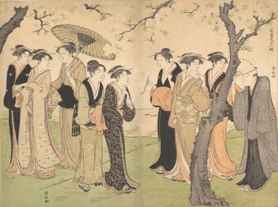 御殿山の桜の木の下で 6 つの芸者のグループ、カリフォルニア州。 1785年。 作： Torii Kiyonaga