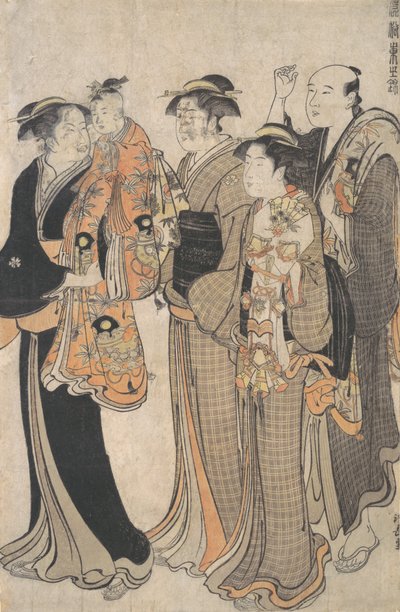 宮詣りに女の赤ちゃんを運ぶ母親、カリフォルニア州。 1784年。 作： Torii Kiyonaga