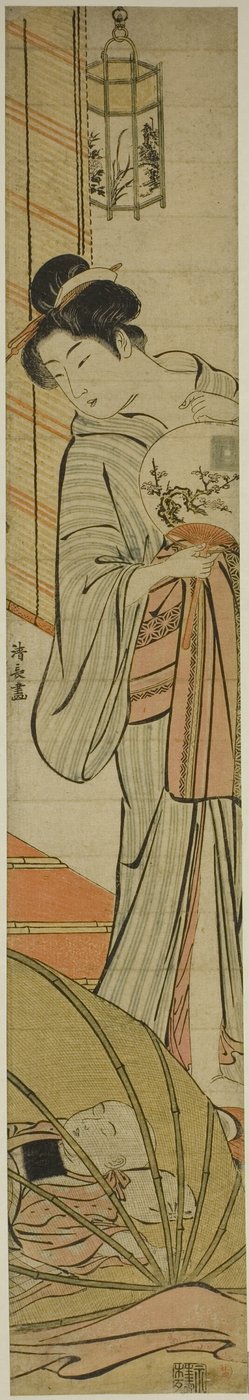 蚊帳の下で寝ている息子を見守る母 作： Torii Kiyonaga