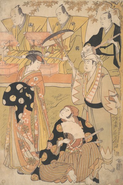 花魁役の初代尾上松介が左に立ち、サム役の中村中蔵初代に話しかける… 1788年。 作： Torii Kiyonaga