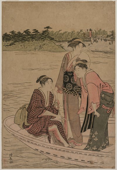 隅田川のフェリーボートの乗客、1784年。 作： Torii Kiyonaga