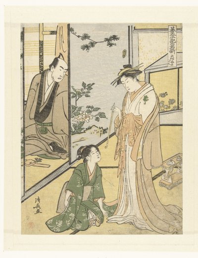 Scene in het Daifukuya huis Daifukuya no dan (title on object) Het toneelstuk Shiraishibanashi (series title) Gotaiheiki Shiraishibanashi (series title on object) 作： Torii Kiyonaga