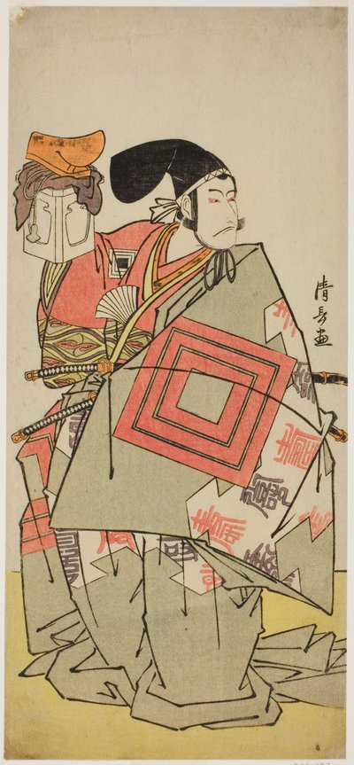 1778年11月、森田座で上演された舞台『伊達錦追の弓取り』で源義家役の俳優市川團十郎五代目（？） 作： Torii Kiyonaga