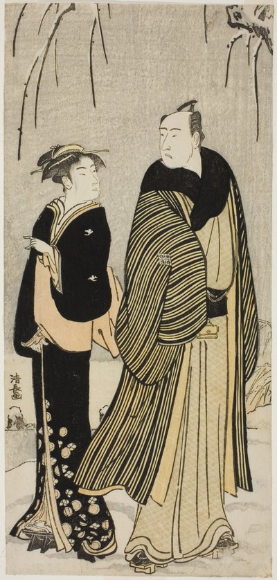 役者の私生活を描いた無題の版画シリーズより、四代目俳優松本幸四郎と芸者 作： Torii Kiyonaga