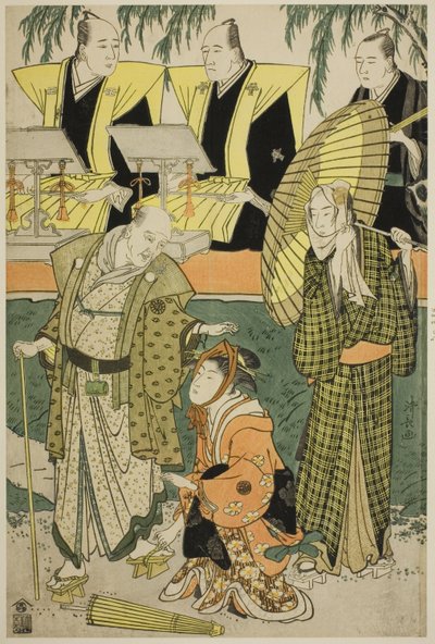 四代目坂東又九郎が忠兵衛役、二代目大佐川恒世が梅川役、中村勝五郎が孫右衛門役の芝居「京成恋人脚」 作： Torii Kiyonaga