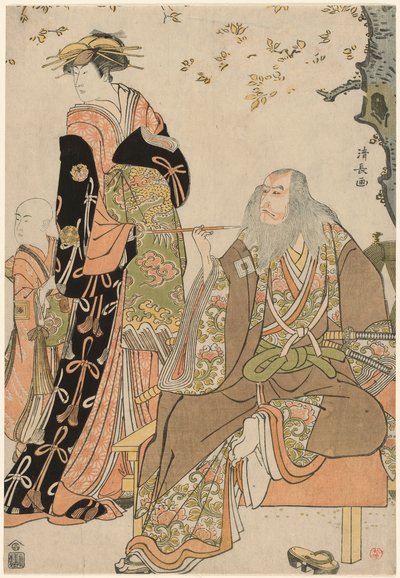 天明4年（1784）3月、中村座で上演された『助六由加里の江戸桜』での五代目市川團十郎（ひげの一休役）、中村莉子（あげまき役）、市川海老蔵（あげまきの付き人役）。 作： Torii Kiyonaga