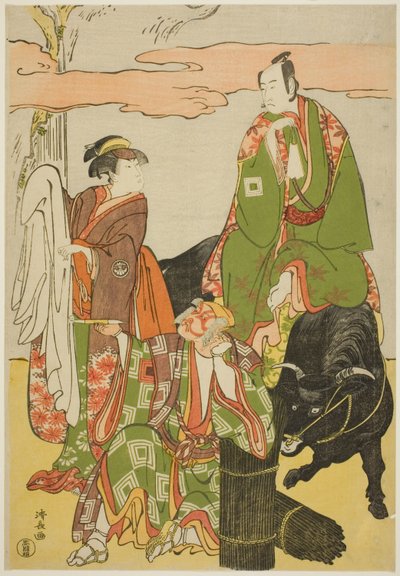 The Actors Ichikawa Monnosuke II as Miyukinosuke, Segawa Kikunojo III as Hatsune-hime, and Ichikawa Danjuro V as Ninnaji no Saibei, in the joruri "Shitenno Oe no Yamairi," performed at the Kiri Theater in the eleventh month, 1785 作： Torii Kiyonaga
