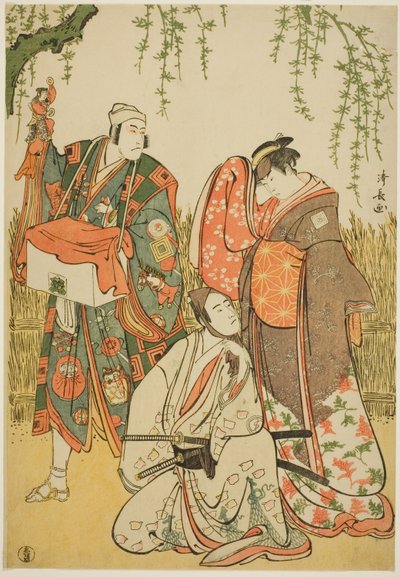 The Actors Ichikawa Yaozo III as Shiragiku, Ichikawa Danjuro V as the puppeteer Dekurokubei, and Sawamura Sojuro III as Soga no Juro, in the joruri "Shinobukoi Yanagi no Katsura Otoko," performed at the Nakamura Theater in the first month, 1785 作： Torii Kiyonaga
